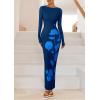 imagePRETTYGARDEN Bodycon Maxi Dress 2025 Fall Floral Long Sleeve Sexy Mesh Cocktail Wedding Guest Long DressesBlue