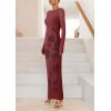 imagePRETTYGARDEN Bodycon Maxi Dress 2025 Fall Floral Long Sleeve Sexy Mesh Cocktail Wedding Guest Long DressesBrown