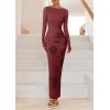 imagePRETTYGARDEN Bodycon Maxi Dress 2025 Fall Floral Long Sleeve Sexy Mesh Cocktail Wedding Guest Long DressesBrown