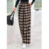 imagePRETTYGARDEN Casual Womens Pants 2025 Elastic Waist Palazzo Long Stretchy Wide Leg Trousers Knit Fall Outfits with PocketsPlaid Brown