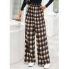 imagePRETTYGARDEN Casual Womens Pants 2025 Elastic Waist Palazzo Long Stretchy Wide Leg Trousers Knit Fall Outfits with PocketsPlaid Brown