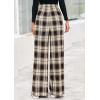 imagePRETTYGARDEN Casual Womens Pants 2025 Elastic Waist Palazzo Long Stretchy Wide Leg Trousers Knit Fall Outfits with PocketsPlaid Brown Apricot