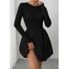 imagePRETTYGARDEN Fall Dresses for Women 2025 Casual Long Sleeve Bubble Cute Crew Neck A Line Mini Short Dress with PocketsBlack