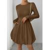 imagePRETTYGARDEN Fall Dresses for Women 2025 Casual Long Sleeve Bubble Cute Crew Neck A Line Mini Short Dress with PocketsBrown