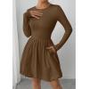 imagePRETTYGARDEN Fall Dresses for Women 2025 Casual Long Sleeve Bubble Cute Crew Neck A Line Mini Short Dress with PocketsBrown