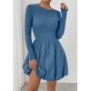 imagePRETTYGARDEN Fall Dresses for Women 2025 Casual Long Sleeve Bubble Cute Crew Neck A Line Mini Short Dress with PocketsGrey Blue