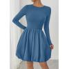 imagePRETTYGARDEN Fall Dresses for Women 2025 Casual Long Sleeve Bubble Cute Crew Neck A Line Mini Short Dress with PocketsGrey Blue