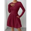 imagePRETTYGARDEN Fall Dresses for Women 2025 Casual Long Sleeve Bubble Cute Crew Neck A Line Mini Short Dress with PocketsWine Red