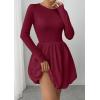 imagePRETTYGARDEN Fall Dresses for Women 2025 Casual Long Sleeve Bubble Cute Crew Neck A Line Mini Short Dress with PocketsWine Red