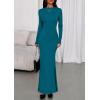 imagePRETTYGARDEN Fall Dresses for Women 2025 Long Sleeve Bodycon Mock Neck Ruched Maxi Formal Cocktail Wedding Guest DressBlue Green