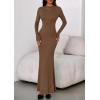 imagePRETTYGARDEN Fall Dresses for Women 2025 Long Sleeve Bodycon Mock Neck Ruched Maxi Formal Cocktail Wedding Guest DressBrown