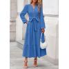 imagePRETTYGARDEN Fall Dresses for Women 2025 Long Sleeve V Neck Belted Ruffle A Line Flowy Boho Maxi Wedding Guest Dress PocketsBlue