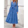 imagePRETTYGARDEN Fall Dresses for Women 2025 Long Sleeve V Neck Belted Ruffle A Line Flowy Boho Maxi Wedding Guest Dress PocketsBlue