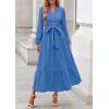 imagePRETTYGARDEN Fall Dresses for Women 2025 Long Sleeve V Neck Belted Ruffle A Line Flowy Boho Maxi Wedding Guest Dress PocketsBlue
