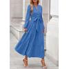 imagePRETTYGARDEN Fall Dresses for Women 2025 Long Sleeve V Neck Belted Ruffle A Line Flowy Boho Maxi Wedding Guest Dress PocketsBlue