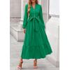 imagePRETTYGARDEN Fall Dresses for Women 2025 Long Sleeve V Neck Belted Ruffle A Line Flowy Boho Maxi Wedding Guest Dress PocketsGreen