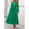 imagePRETTYGARDEN Fall Dresses for Women 2025 Long Sleeve V Neck Belted Ruffle A Line Flowy Boho Maxi Wedding Guest Dress PocketsGreen