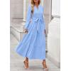 imagePRETTYGARDEN Fall Dresses for Women 2025 Long Sleeve V Neck Belted Ruffle A Line Flowy Boho Maxi Wedding Guest Dress PocketsLight Blue