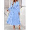imagePRETTYGARDEN Fall Dresses for Women 2025 Long Sleeve V Neck Belted Ruffle A Line Flowy Boho Maxi Wedding Guest Dress PocketsLight Blue