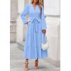 imagePRETTYGARDEN Fall Dresses for Women 2025 Long Sleeve V Neck Belted Ruffle A Line Flowy Boho Maxi Wedding Guest Dress PocketsLight Blue