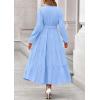 imagePRETTYGARDEN Fall Dresses for Women 2025 Long Sleeve V Neck Belted Ruffle A Line Flowy Boho Maxi Wedding Guest Dress PocketsLight Blue