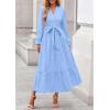imagePRETTYGARDEN Fall Dresses for Women 2025 Long Sleeve V Neck Belted Ruffle A Line Flowy Boho Maxi Wedding Guest Dress PocketsLight Blue