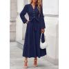 imagePRETTYGARDEN Fall Dresses for Women 2025 Long Sleeve V Neck Belted Ruffle A Line Flowy Boho Maxi Wedding Guest Dress PocketsNavy Blue