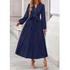 imagePRETTYGARDEN Fall Dresses for Women 2025 Long Sleeve V Neck Belted Ruffle A Line Flowy Boho Maxi Wedding Guest Dress PocketsNavy Blue