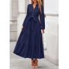 imagePRETTYGARDEN Fall Dresses for Women 2025 Long Sleeve V Neck Belted Ruffle A Line Flowy Boho Maxi Wedding Guest Dress PocketsNavy Blue