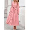 imagePRETTYGARDEN Fall Dresses for Women 2025 Long Sleeve V Neck Belted Ruffle A Line Flowy Boho Maxi Wedding Guest Dress PocketsPink
