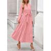 imagePRETTYGARDEN Fall Dresses for Women 2025 Long Sleeve V Neck Belted Ruffle A Line Flowy Boho Maxi Wedding Guest Dress PocketsPink