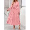 imagePRETTYGARDEN Fall Dresses for Women 2025 Long Sleeve V Neck Belted Ruffle A Line Flowy Boho Maxi Wedding Guest Dress PocketsPink