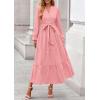 imagePRETTYGARDEN Fall Dresses for Women 2025 Long Sleeve V Neck Belted Ruffle A Line Flowy Boho Maxi Wedding Guest Dress PocketsPink
