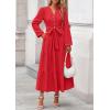 imagePRETTYGARDEN Fall Dresses for Women 2025 Long Sleeve V Neck Belted Ruffle A Line Flowy Boho Maxi Wedding Guest Dress PocketsRed