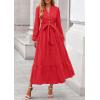imagePRETTYGARDEN Fall Dresses for Women 2025 Long Sleeve V Neck Belted Ruffle A Line Flowy Boho Maxi Wedding Guest Dress PocketsRed