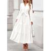 imagePRETTYGARDEN Fall Dresses for Women 2025 Long Sleeve V Neck Belted Ruffle A Line Flowy Boho Maxi Wedding Guest Dress PocketsWhite