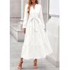 imagePRETTYGARDEN Fall Dresses for Women 2025 Long Sleeve V Neck Belted Ruffle A Line Flowy Boho Maxi Wedding Guest Dress PocketsWhite