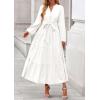 imagePRETTYGARDEN Fall Dresses for Women 2025 Long Sleeve V Neck Belted Ruffle A Line Flowy Boho Maxi Wedding Guest Dress PocketsWhite