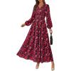 imagePRETTYGARDEN Long Sleeve Maxi Fall Dresses for Women 2025 Vneck Smocked Boho Floral Tiered Swing Flowy Wedding Guest DressFloral Red