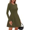 imagePRETTYGARDEN Long Sleeve Mini Dress for Women 2025 Fall Crewneck Knit Pleated Babydoll A Line Soft Casual Short Party DressesArmy Green