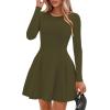 imagePRETTYGARDEN Long Sleeve Mini Dress for Women 2025 Fall Crewneck Knit Pleated Babydoll A Line Soft Casual Short Party DressesArmy Green