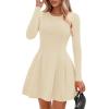imagePRETTYGARDEN Long Sleeve Mini Dress for Women 2025 Fall Crewneck Knit Pleated Babydoll A Line Soft Casual Short Party DressesBeige