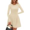 imagePRETTYGARDEN Long Sleeve Mini Dress for Women 2025 Fall Crewneck Knit Pleated Babydoll A Line Soft Casual Short Party DressesBeige