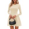 imagePRETTYGARDEN Long Sleeve Mini Dress for Women 2025 Fall Crewneck Knit Pleated Babydoll A Line Soft Casual Short Party DressesBeige