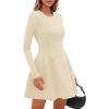 imagePRETTYGARDEN Long Sleeve Mini Dress for Women 2025 Fall Crewneck Knit Pleated Babydoll A Line Soft Casual Short Party DressesBeige