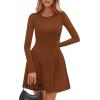 imagePRETTYGARDEN Long Sleeve Mini Dress for Women 2025 Fall Crewneck Knit Pleated Babydoll A Line Soft Casual Short Party DressesCaramel