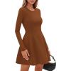imagePRETTYGARDEN Long Sleeve Mini Dress for Women 2025 Fall Crewneck Knit Pleated Babydoll A Line Soft Casual Short Party DressesCaramel