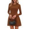 imagePRETTYGARDEN Long Sleeve Mini Dress for Women 2025 Fall Crewneck Knit Pleated Babydoll A Line Soft Casual Short Party DressesCaramel