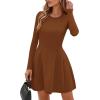 imagePRETTYGARDEN Long Sleeve Mini Dress for Women 2025 Fall Crewneck Knit Pleated Babydoll A Line Soft Casual Short Party DressesCaramel