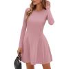 imagePRETTYGARDEN Long Sleeve Mini Dress for Women 2025 Fall Crewneck Knit Pleated Babydoll A Line Soft Casual Short Party DressesPink